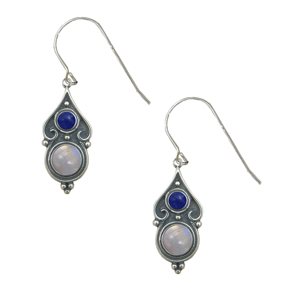 Sterling Silver Designer Post Stud Earrings With Rainbow Moonstone And Lapis Lazuli